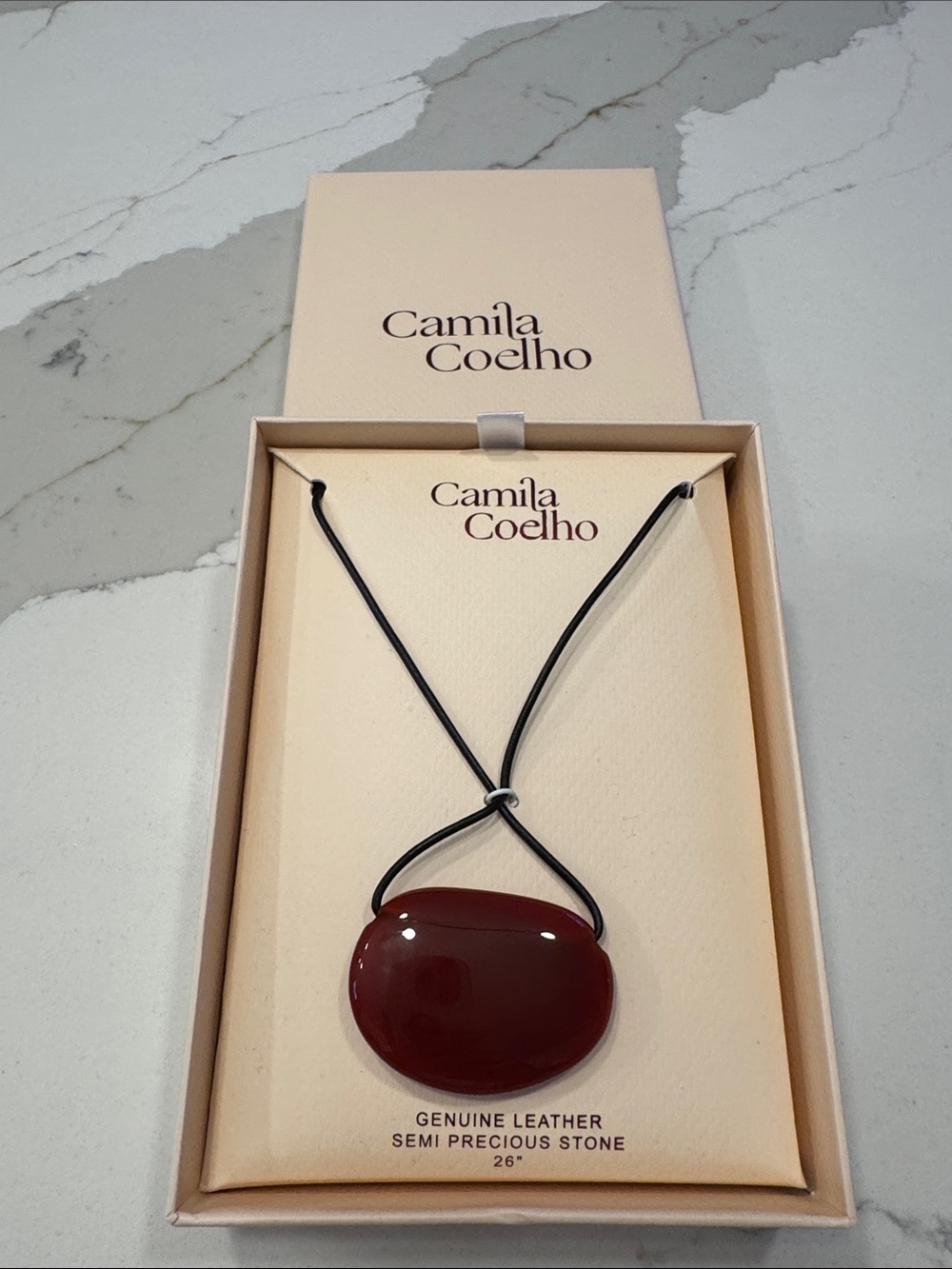 Camila Coelho Deep Red Semi-Precious Stone on Black Leather Cord Necklace